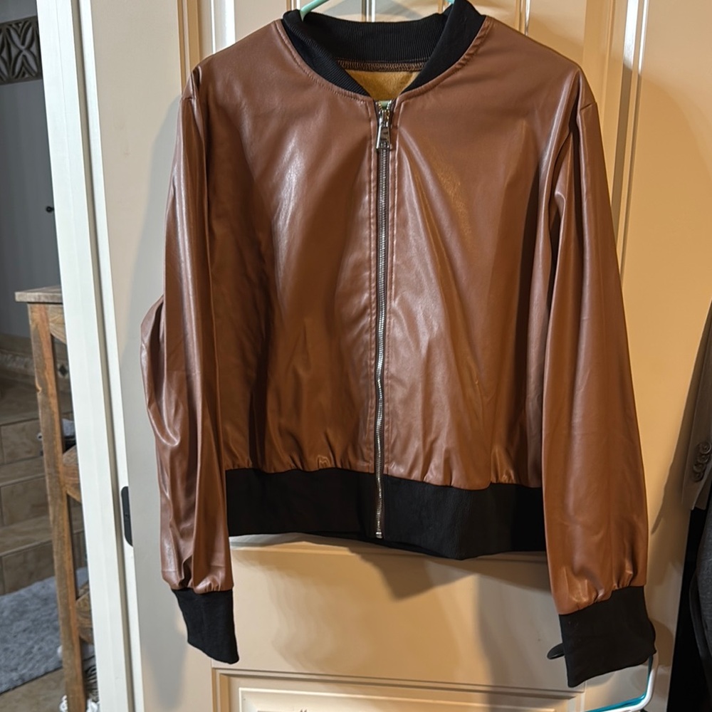 Brown Pleather Crop Bomber Jacket